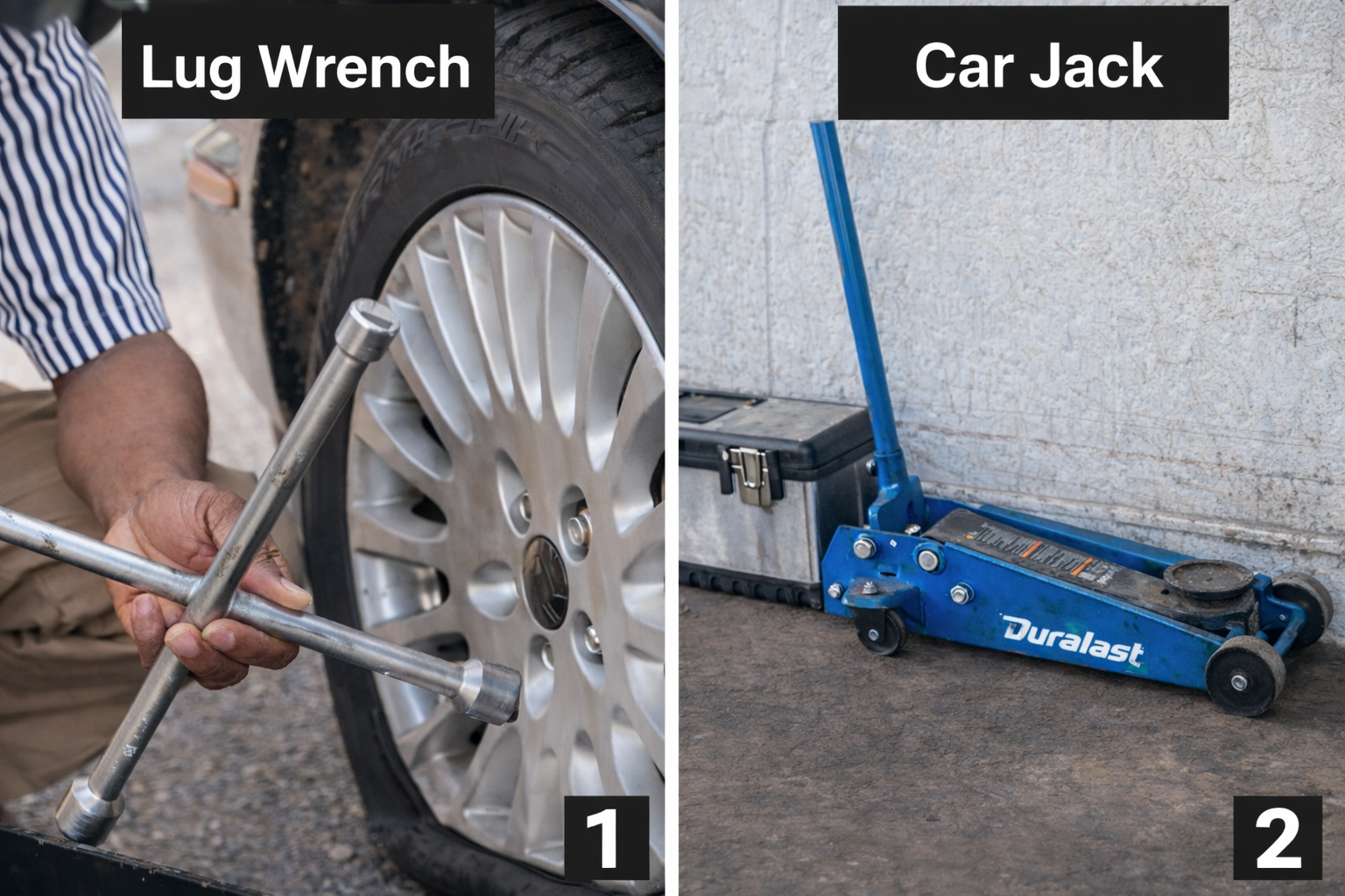 Jack, wrench, and spare tire laid out beside the vehicle trunk