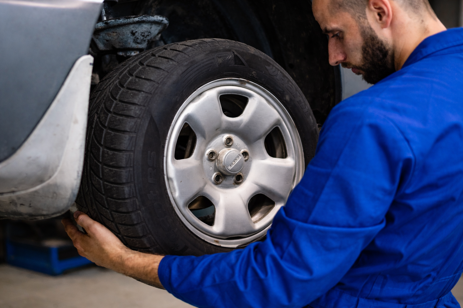 Spare wheel being aligned onto the hub studs with the valve stem facing outward